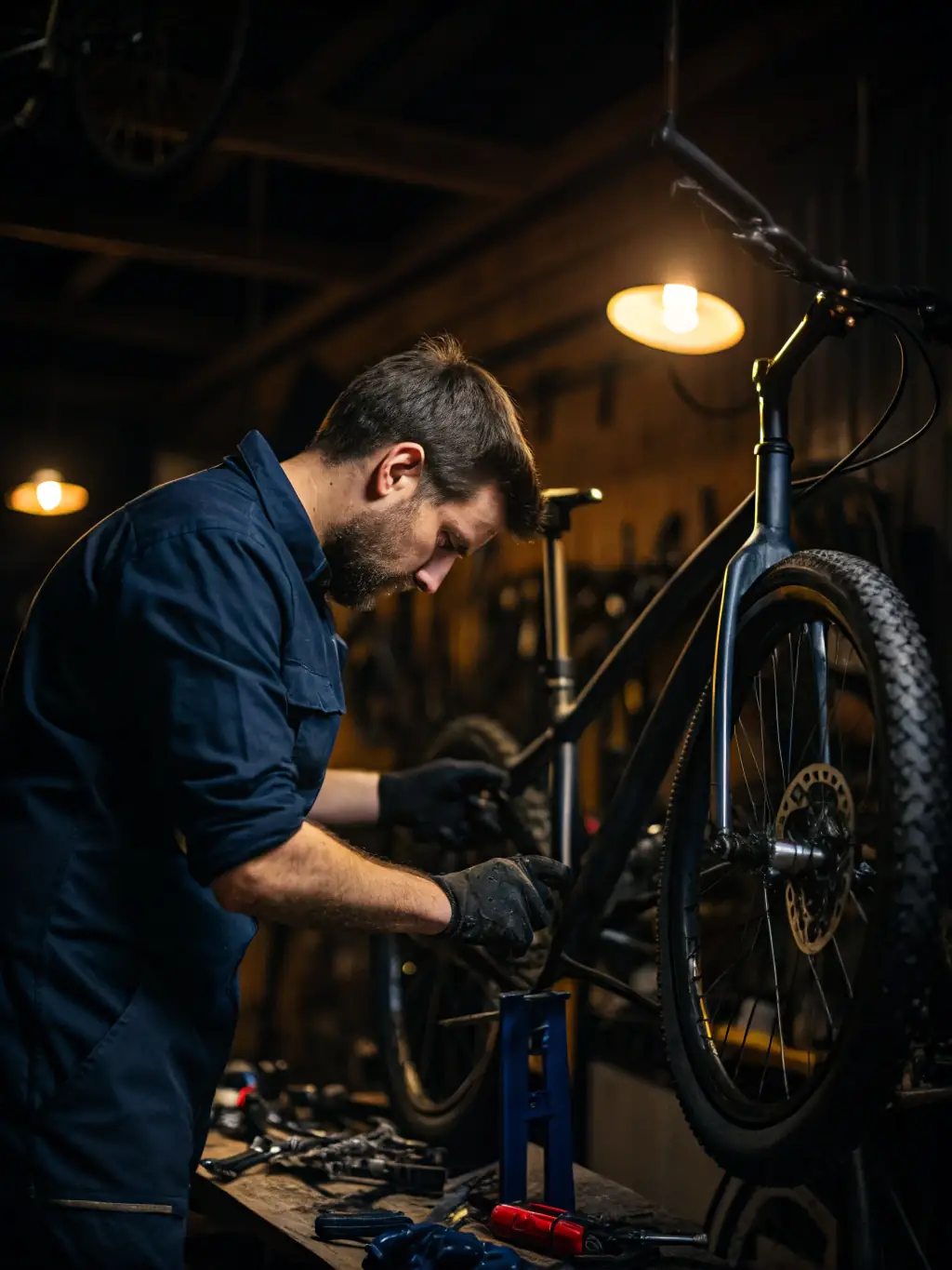 A workshop scene where participants are learning about bicycle maintenance and repair, reflecting ATELIER 124's educational initiatives and commitment to bicycle use.