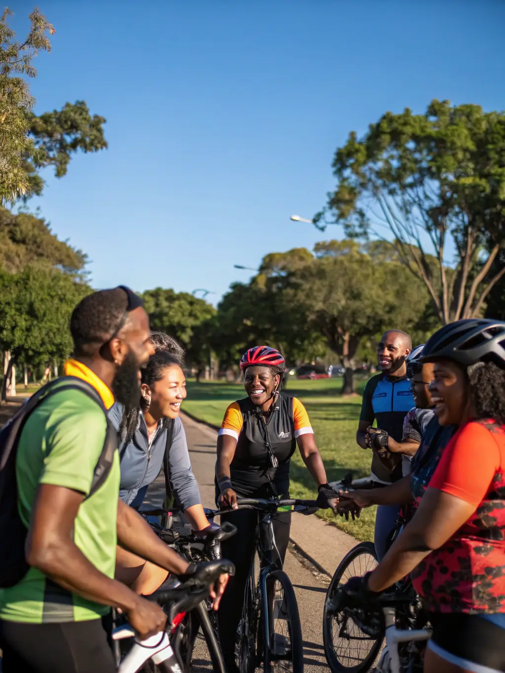 A group of people participating in a community bicycle ride organized by ATELIER 124, emphasizing the organization's commitment to promoting sustainable mobility and community engagement.