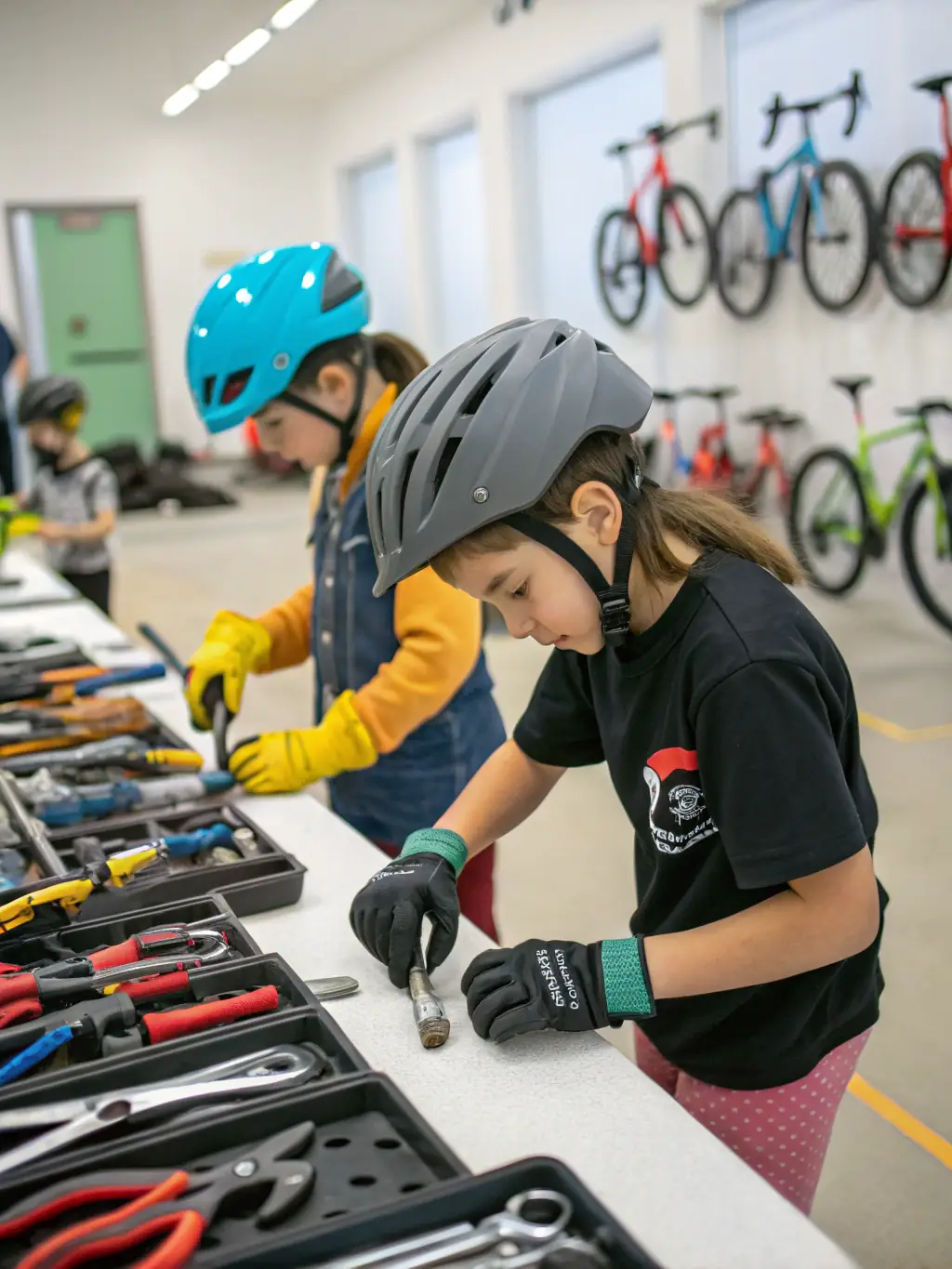 A photograph of children participating in a bicycle repair workshop at ATELIER 124, learning about the mechanics of vintage bicycles.