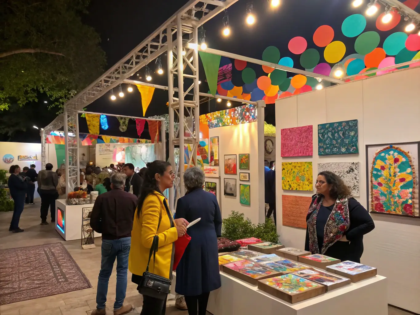 A photograph capturing a cultural event at ATELIER 124, featuring live music, food stalls, and interactive displays related to cycling history.