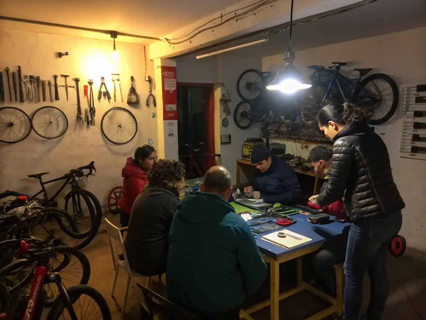 A dynamic image of a workshop session at ATELIER 124, where participants are learning about bicycle maintenance and repair from experienced instructors.