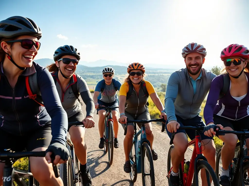 A photograph of a group of cyclists participating in a community ride organized by ATELIER 124, showcasing diverse participants and scenic routes.