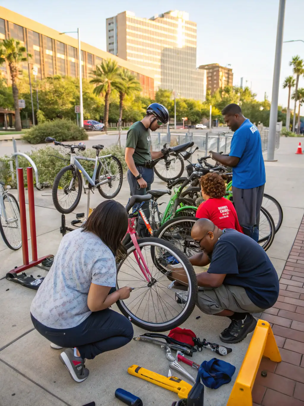 A photo of volunteers working on restoring a vintage bicycle at ATELIER 124, showcasing the collaborative effort to preserve velocipedic heritage.