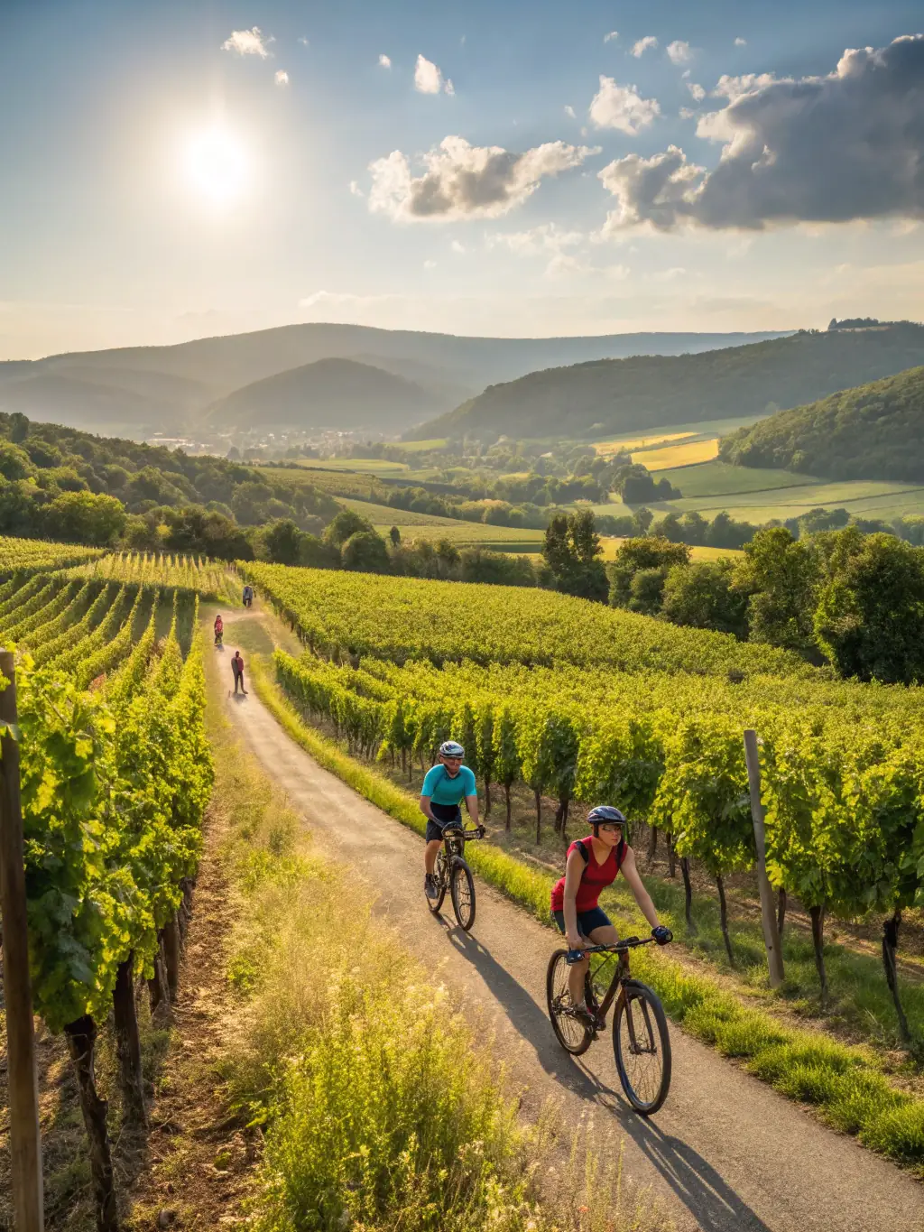 A group of adults on a community bicycle ride organized by ATELIER 124, cycling through the scenic routes of Cognac.